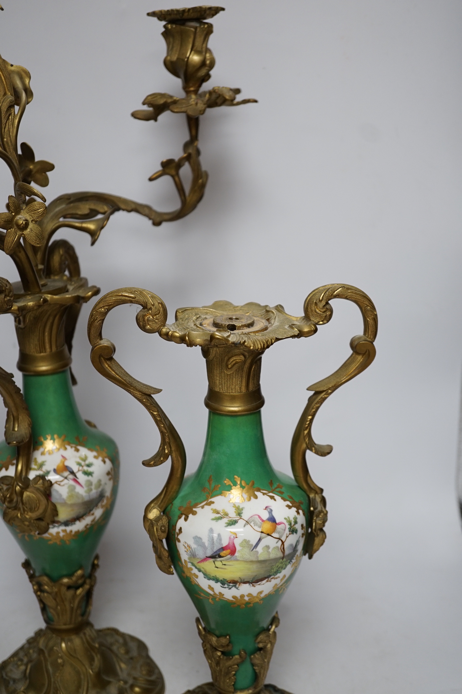 A pair of Sevres style porcelain and brass rococo-style two branch candelabra, hand painted with exotic birds, 50cm high